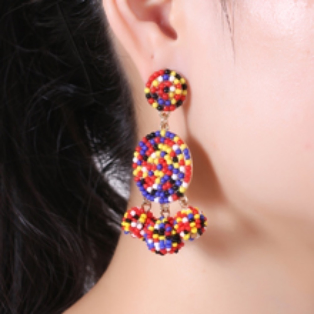 Multicolor Beaded Disc Ball Dangle Earrings